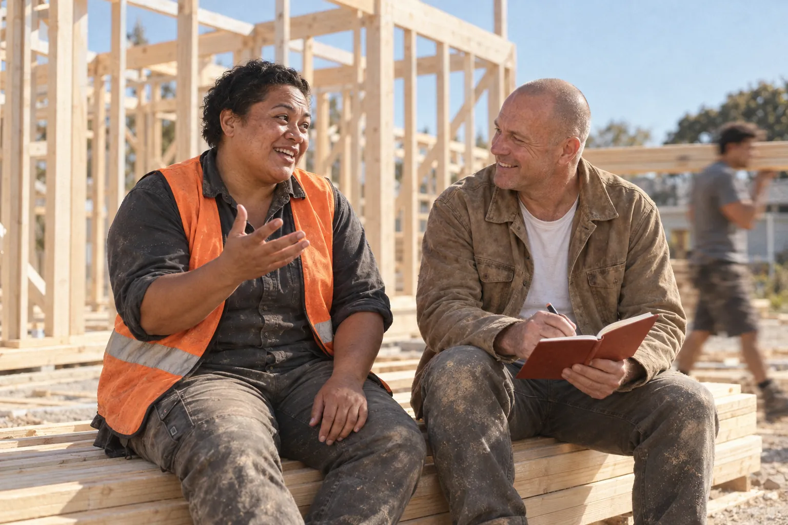A builder on her tea break tells a local business owner what nearly stopped her buying, while he listens with a notebook.