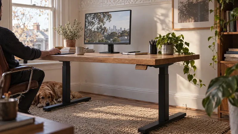 A home office with a desk and monitor by a sunny window