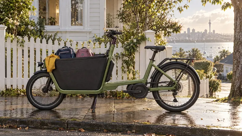A cargo e-bike parked outside a house with a white picket fence