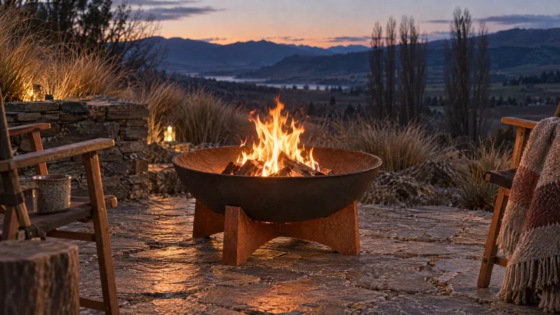 A fire pit burning on a stone terrace at dusk
