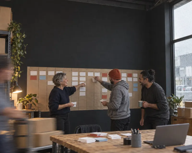 A small team planning around a wall of notes in their office