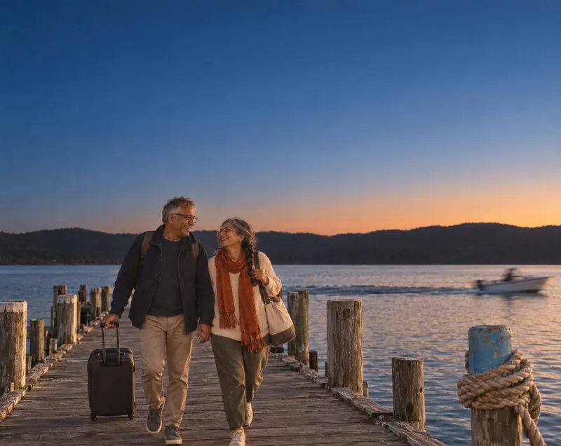 Two travellers with luggage walking along a jetty at dusk