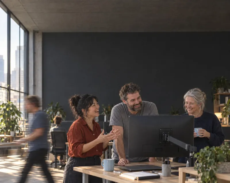 A team gathered around a computer screen in an open-plan office