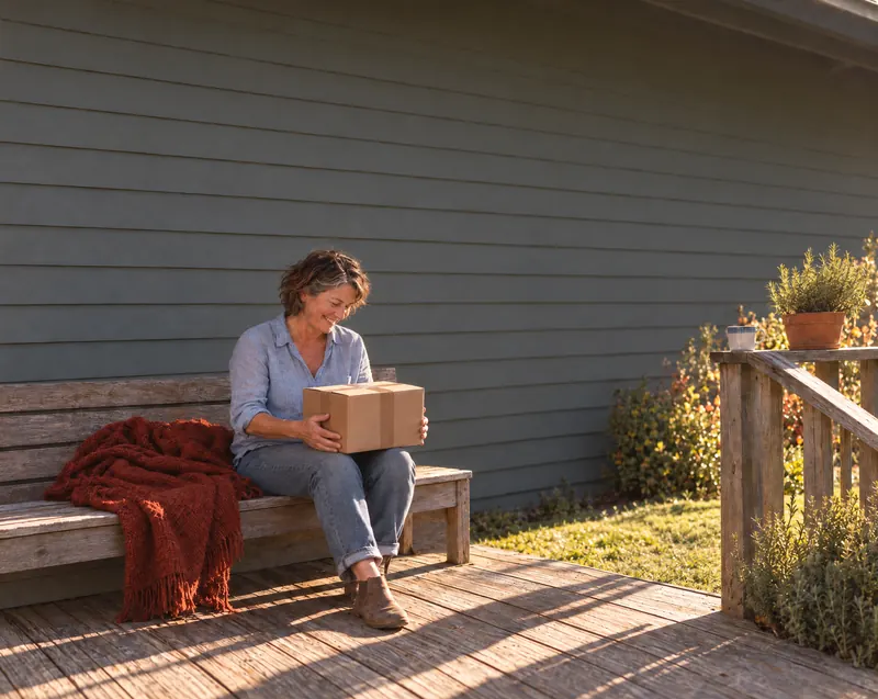 A woman on a porch bench smiling at a delivery box on her lap