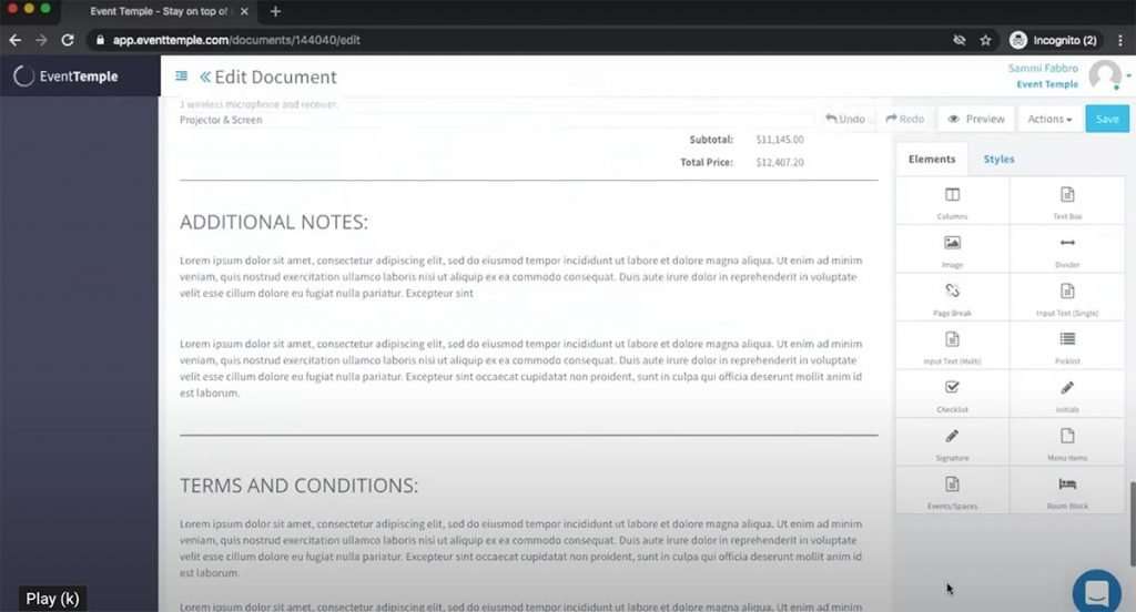 Event Temple Document Layout Setup