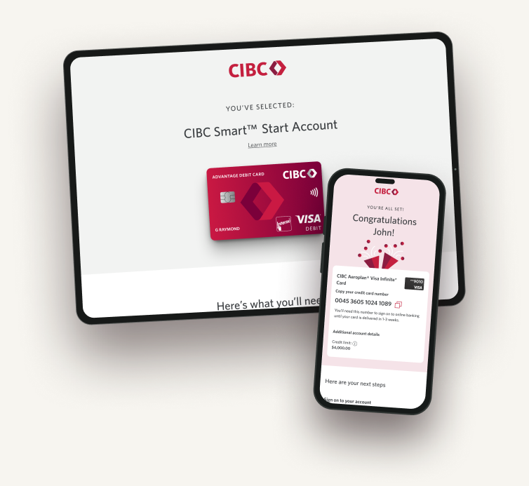 CIBC account and credit card applications on tablet and phone