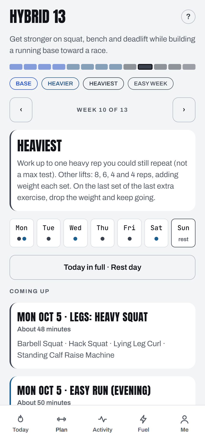 Plan tab: this week's sessions with the week strip