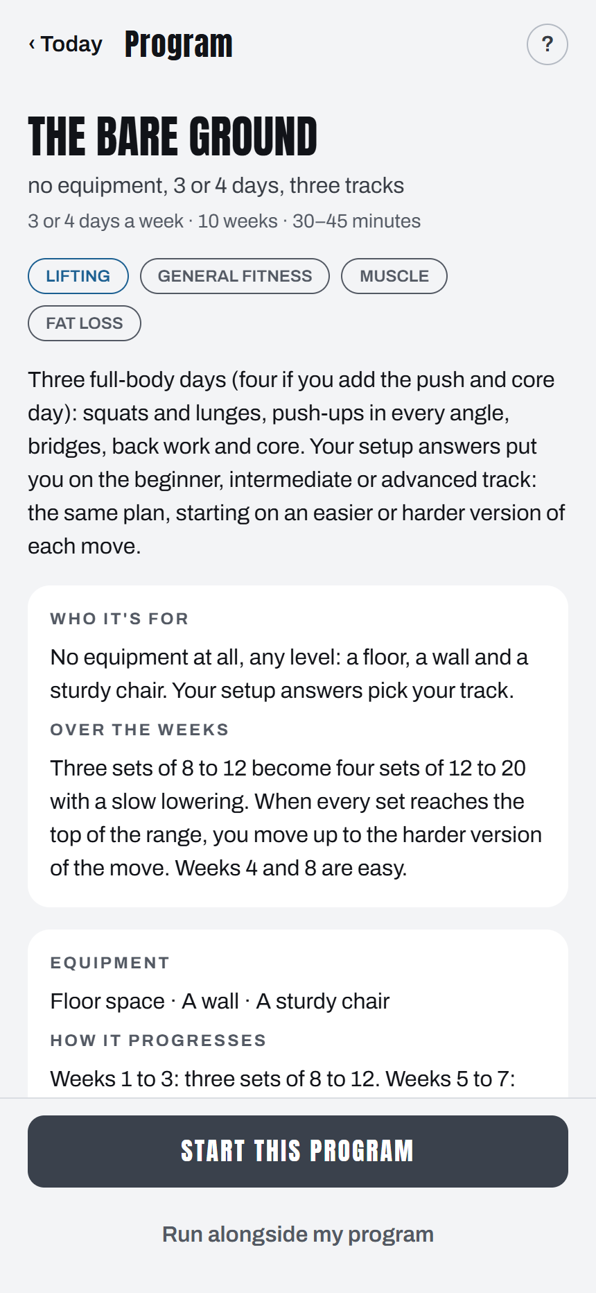 A program page: who it is for, how it progresses and the easy weeks