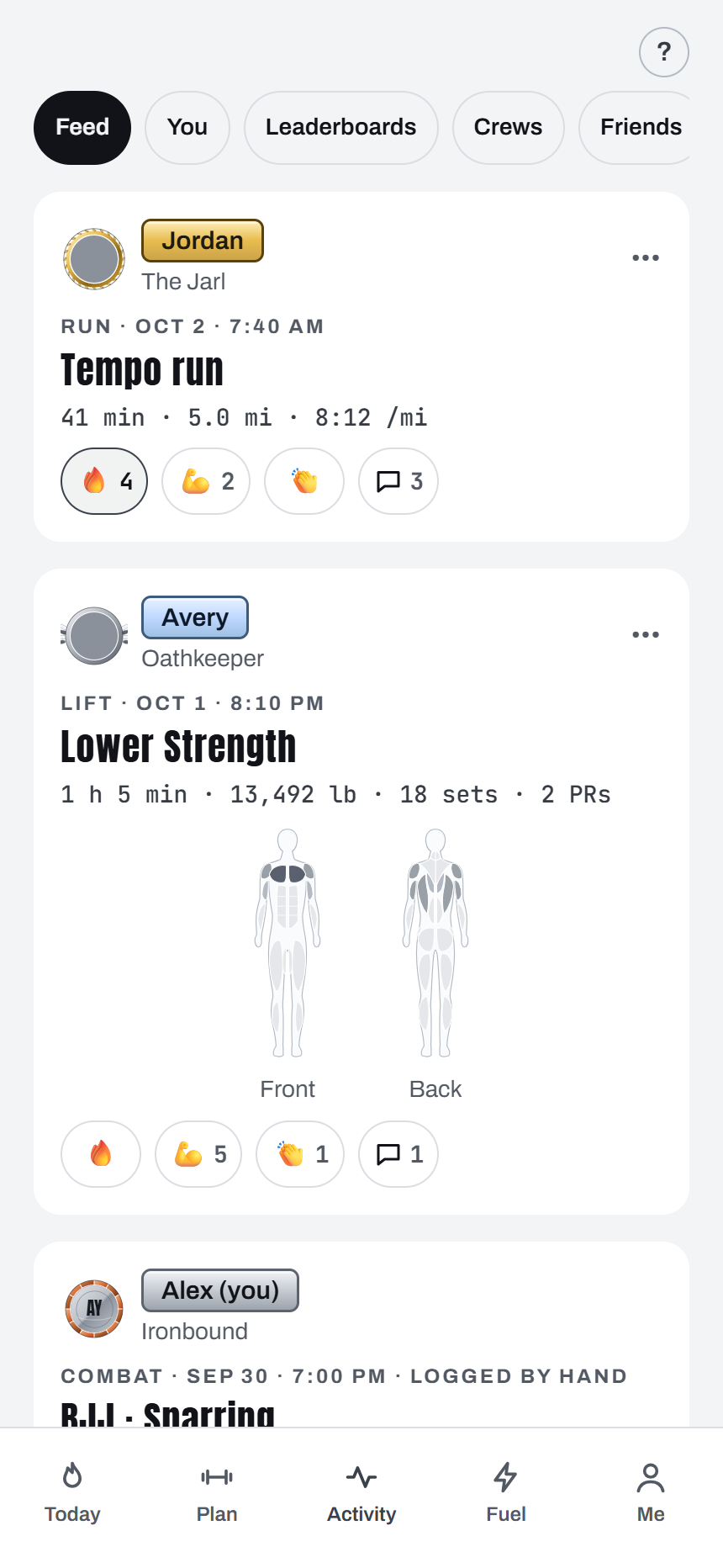 Activity feed with reactions and friends