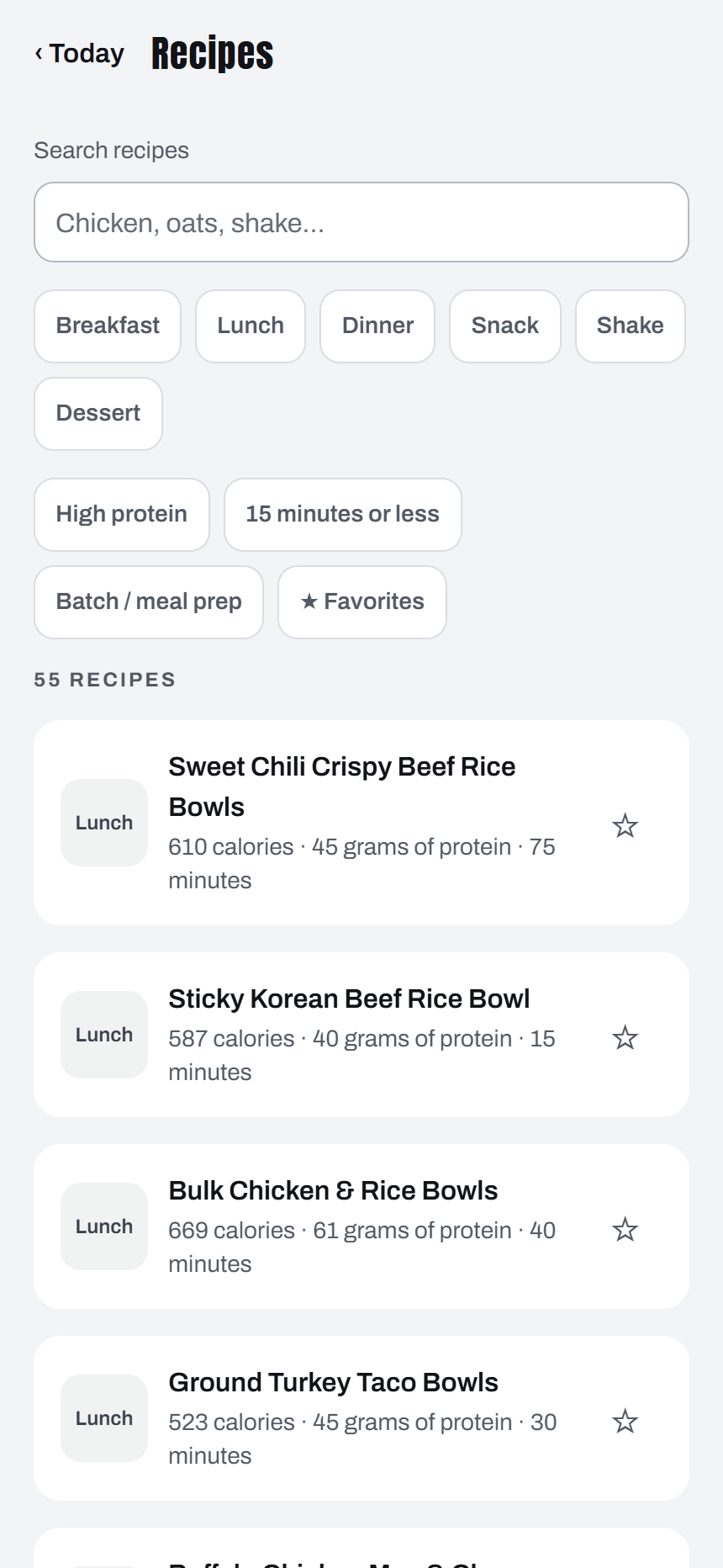 Recipe list with high-protein and quick filters