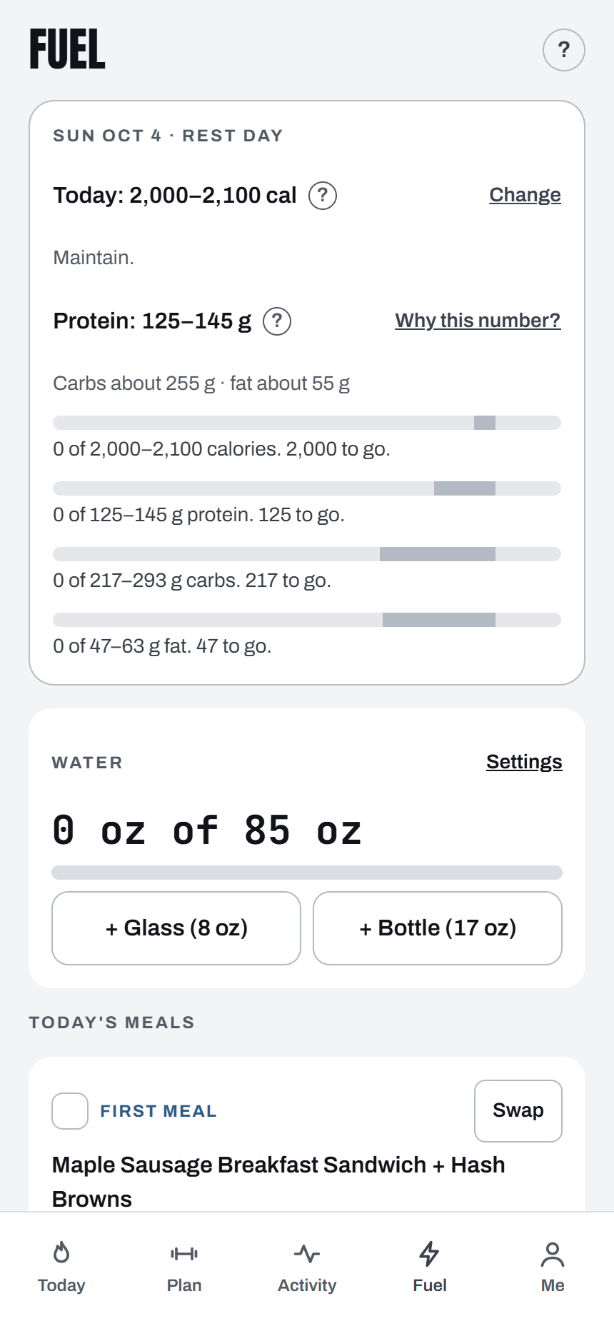 Fuel tab: calorie and protein ranges, water and today's meals