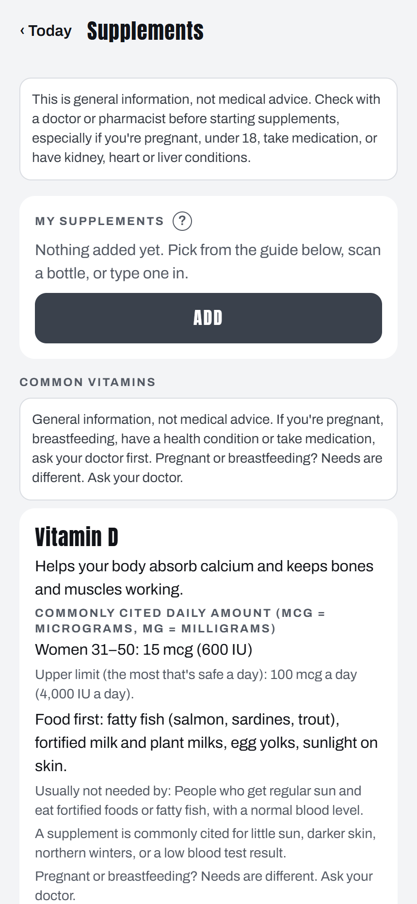 Supplement log with a guide to common vitamins