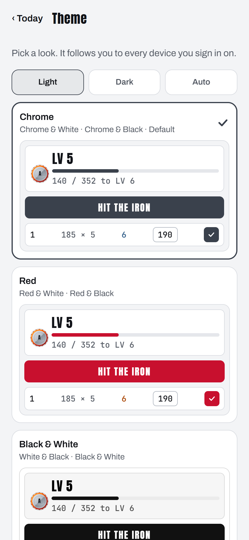 Theme picker: nine colors, light or dark