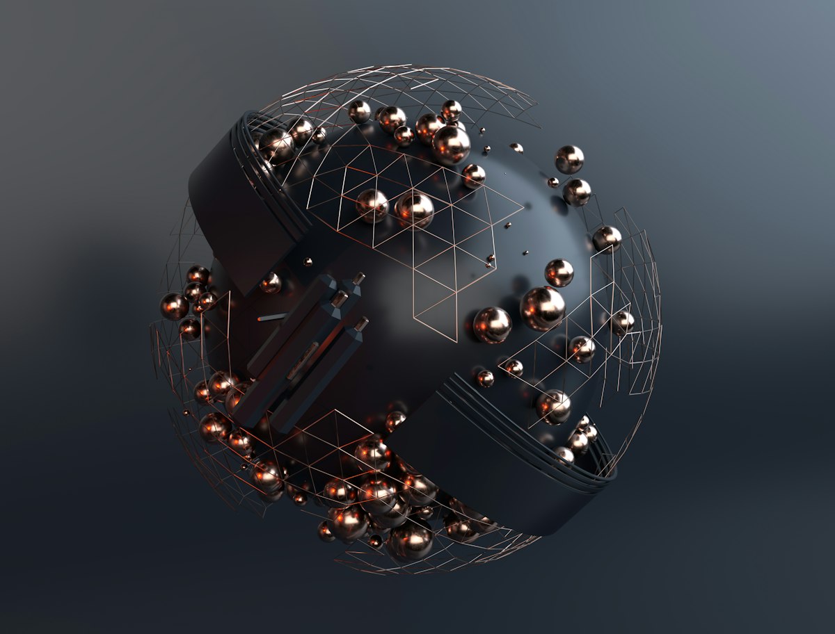 Abstract dark sphere wrapped in a network of glowing copper nodes.