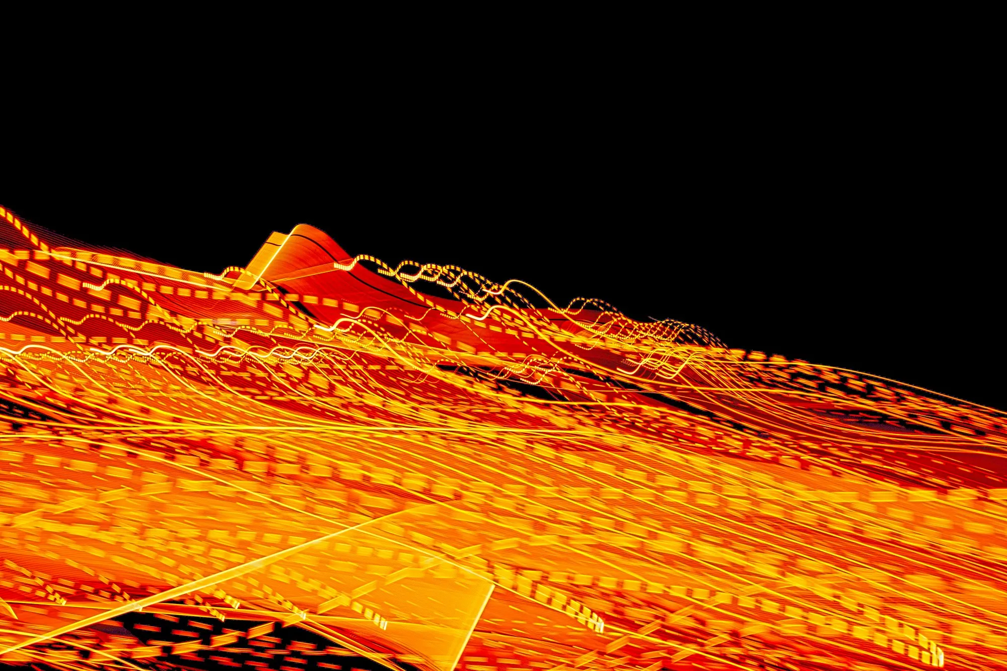 Abstract terrain formed from glowing orange data points.