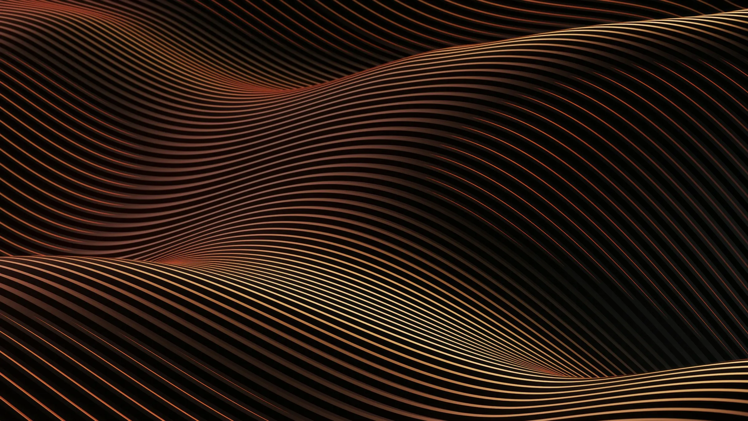 Abstract copper wave pattern made of fine parallel lines.