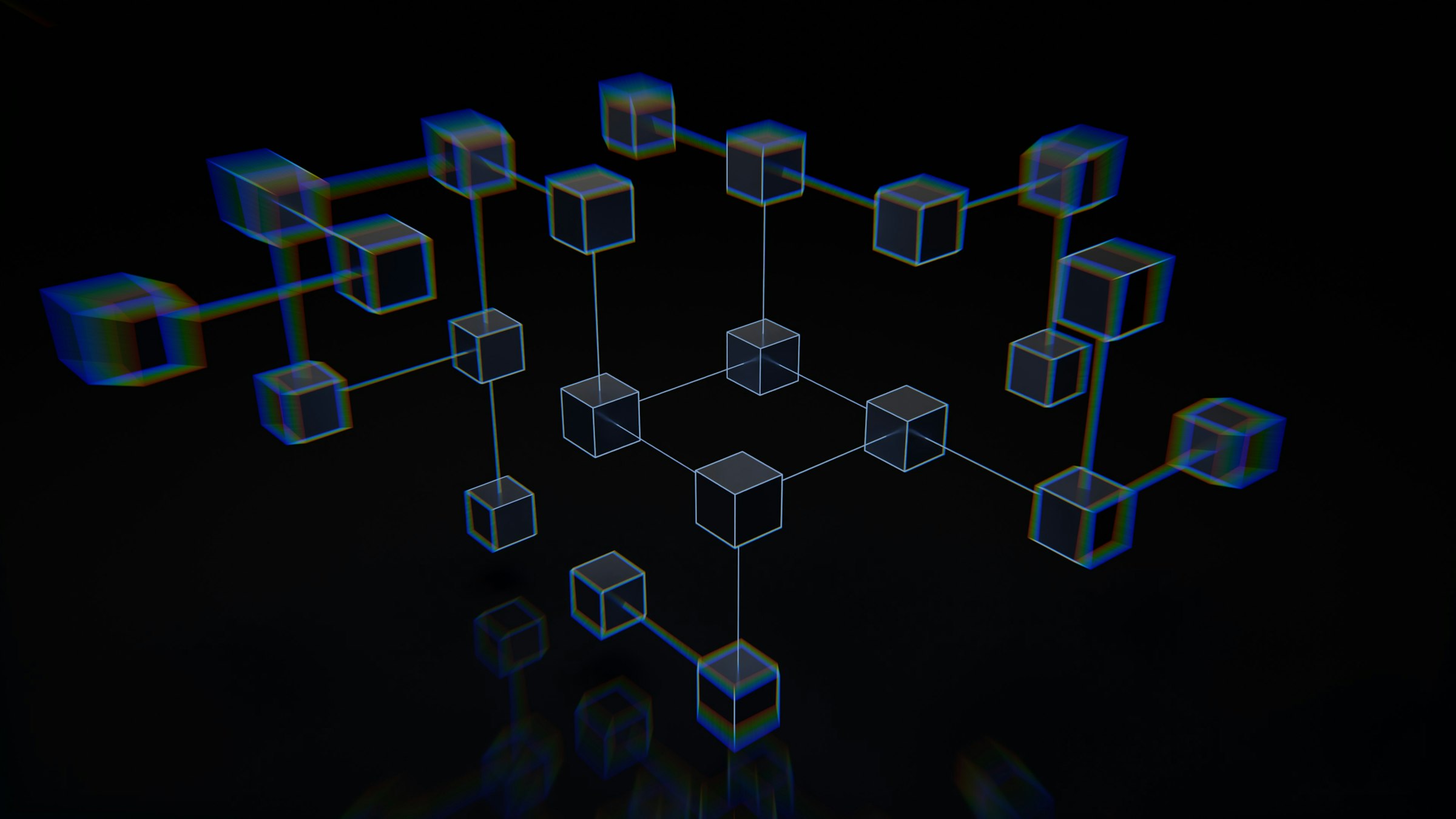 Abstract network of connected cubes on a dark background.