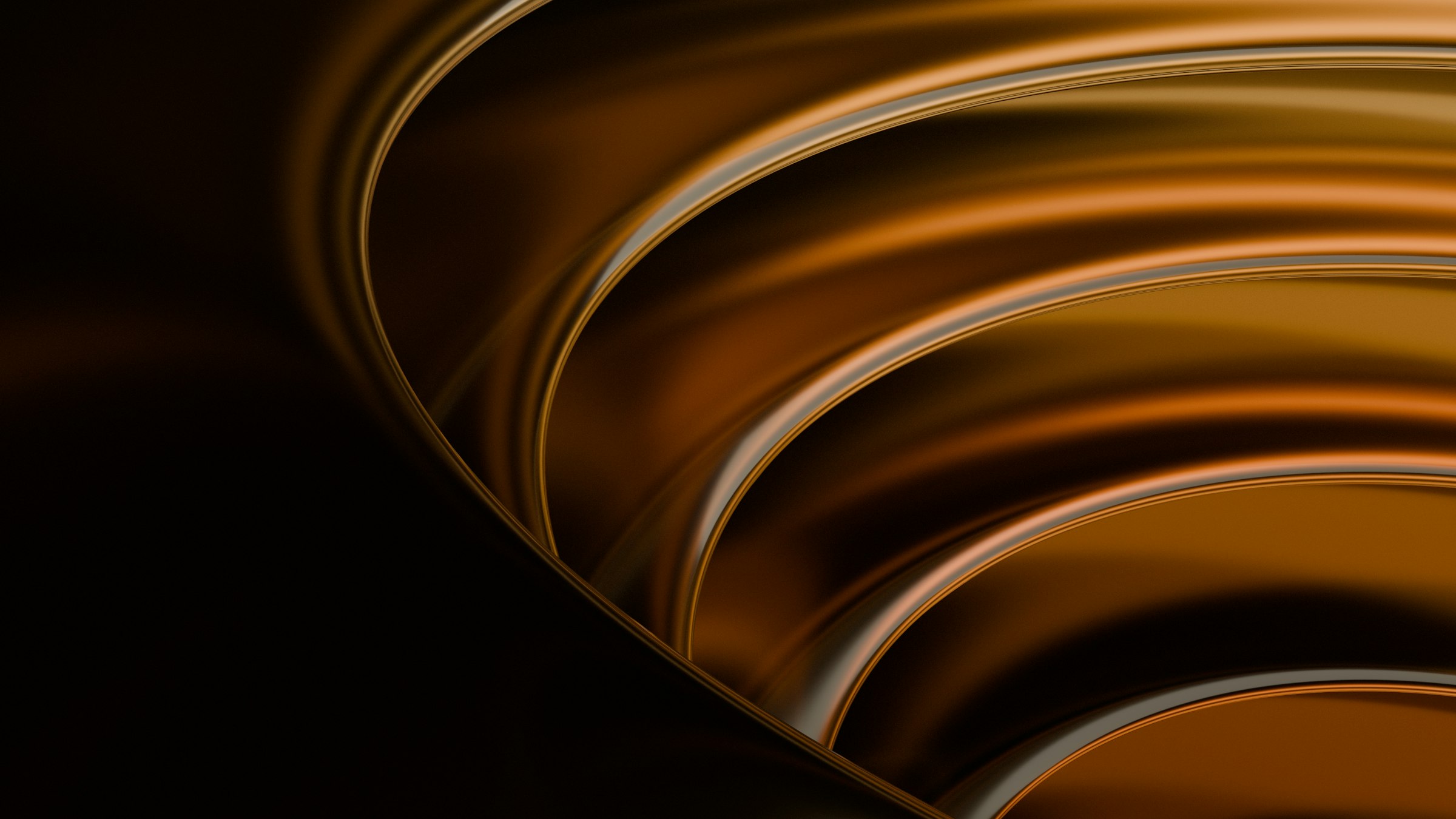 Abstract flowing gold and copper lines on a black background.