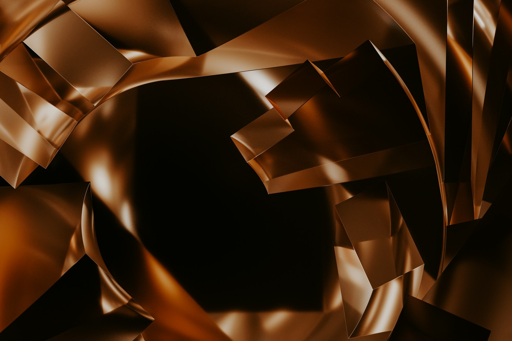 Abstract interlocking copper panels in a dark space.