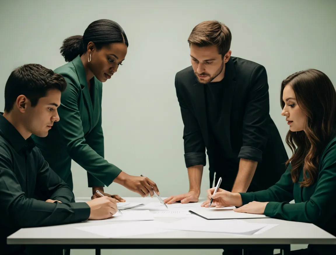 Recruitment team reviewing candidate documents around a table