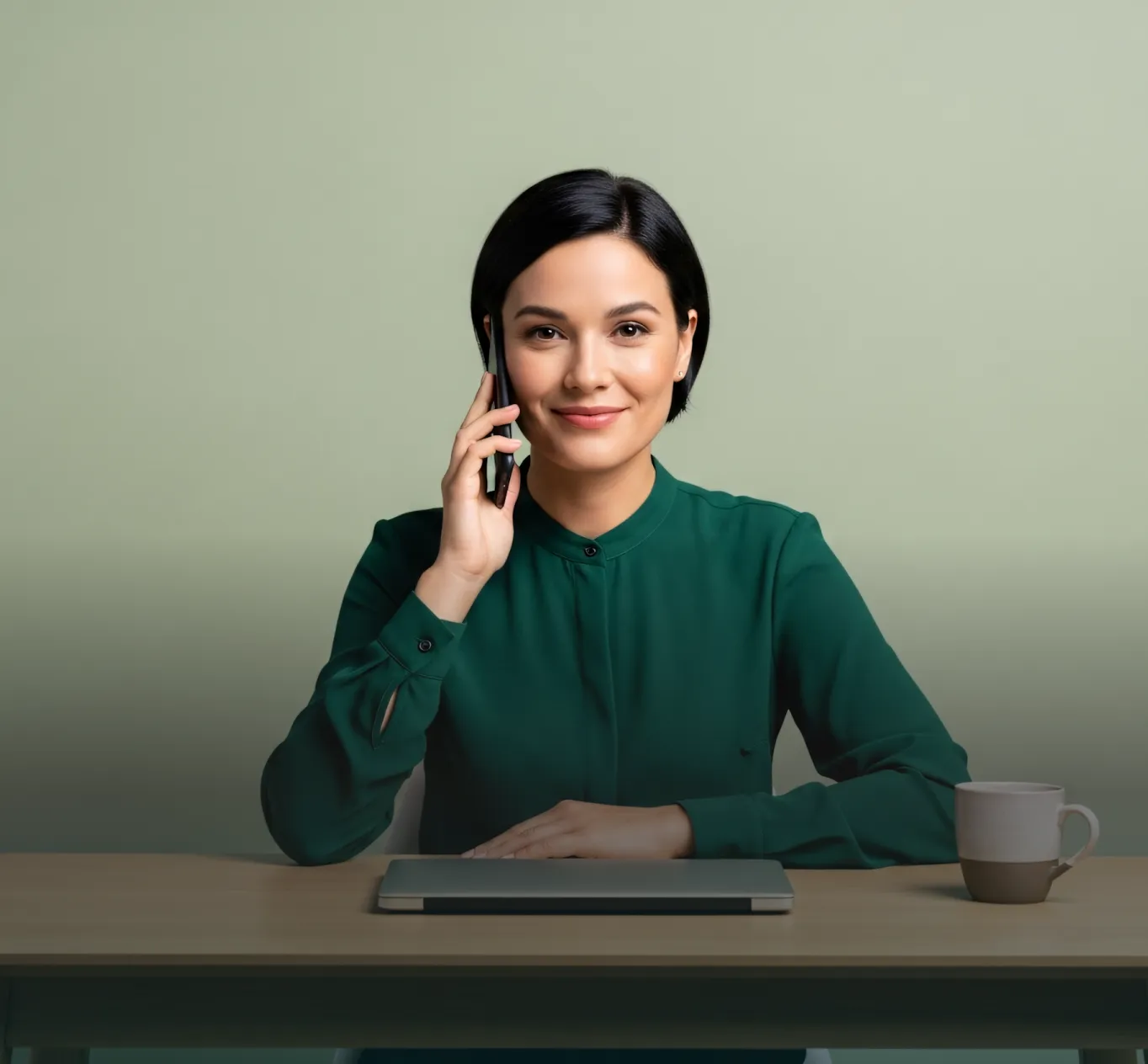 Recruitment consultant smiling while taking a client call at her desk