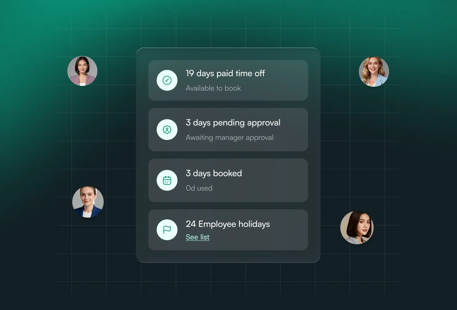 Employee status panel with paid time off, pending approvals, booked days and holidays