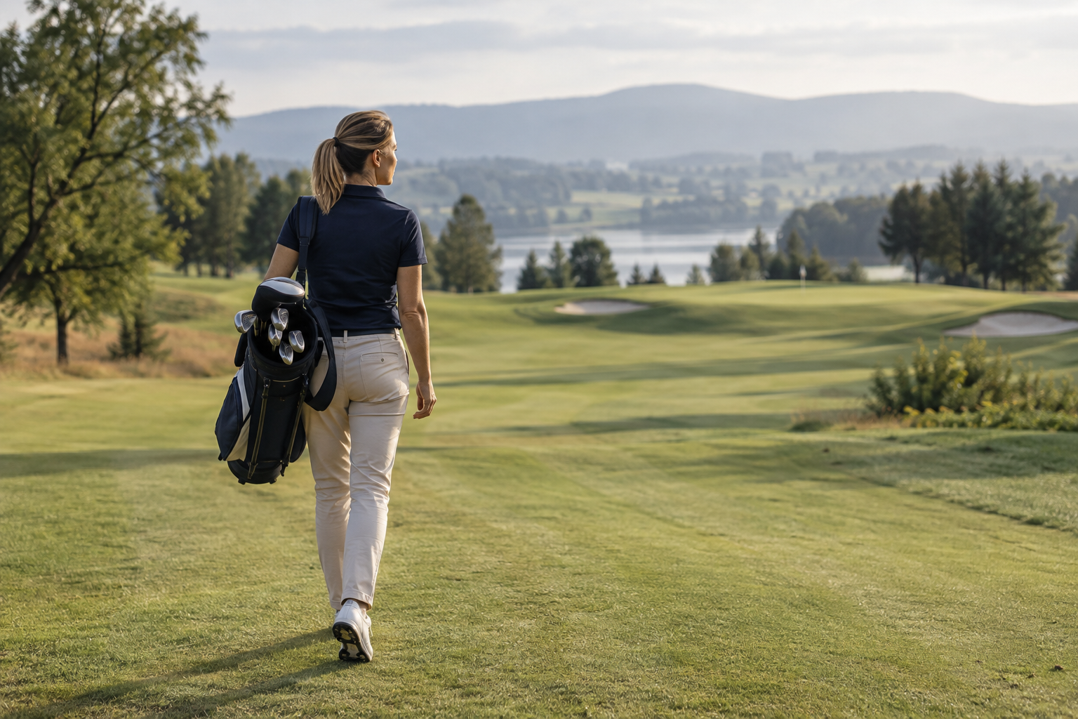 Golfer geht mit seinem Golfbag über einen Weg auf dem Golfplatz.