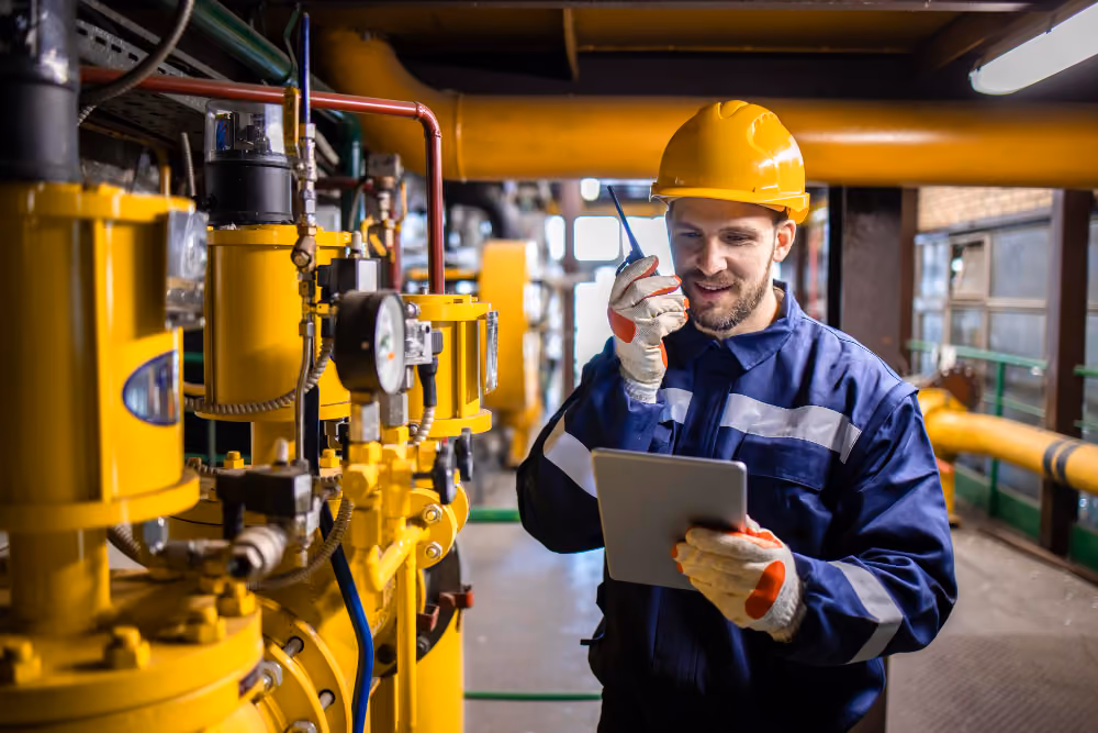 A machinist working the control panel of a CNC machine