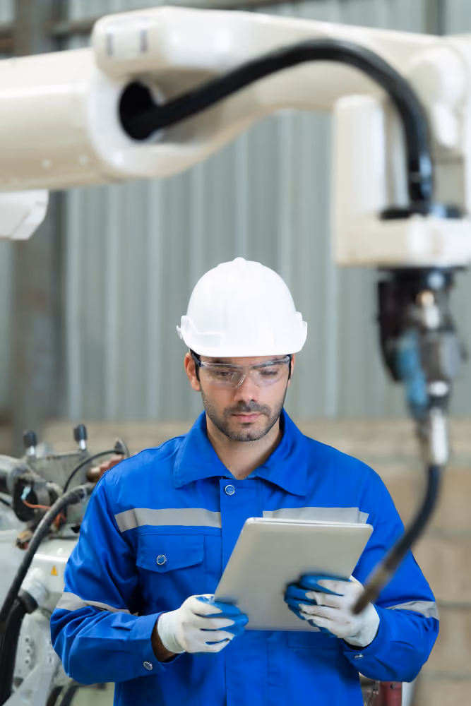 A machinist working the control panel of a CNC machine