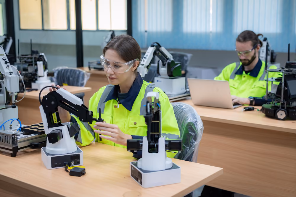 A smiling technician holding a tool in a workshop