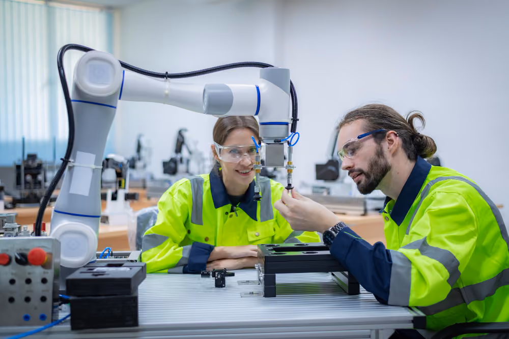 Two people reviewing work beside an industrial robot arm