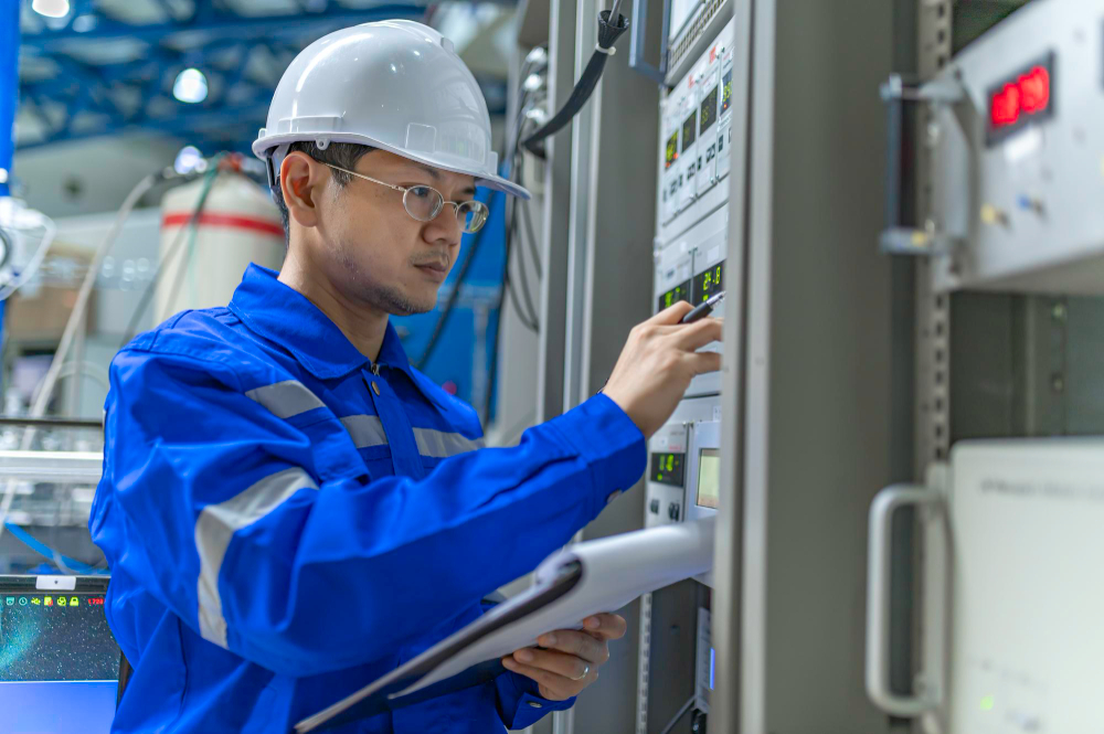 A technician working at a machine in a workshop