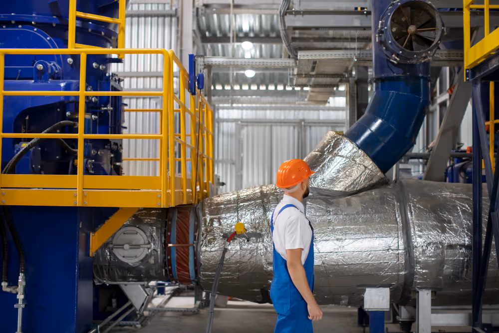 A technician working on production equipment in a clean plant