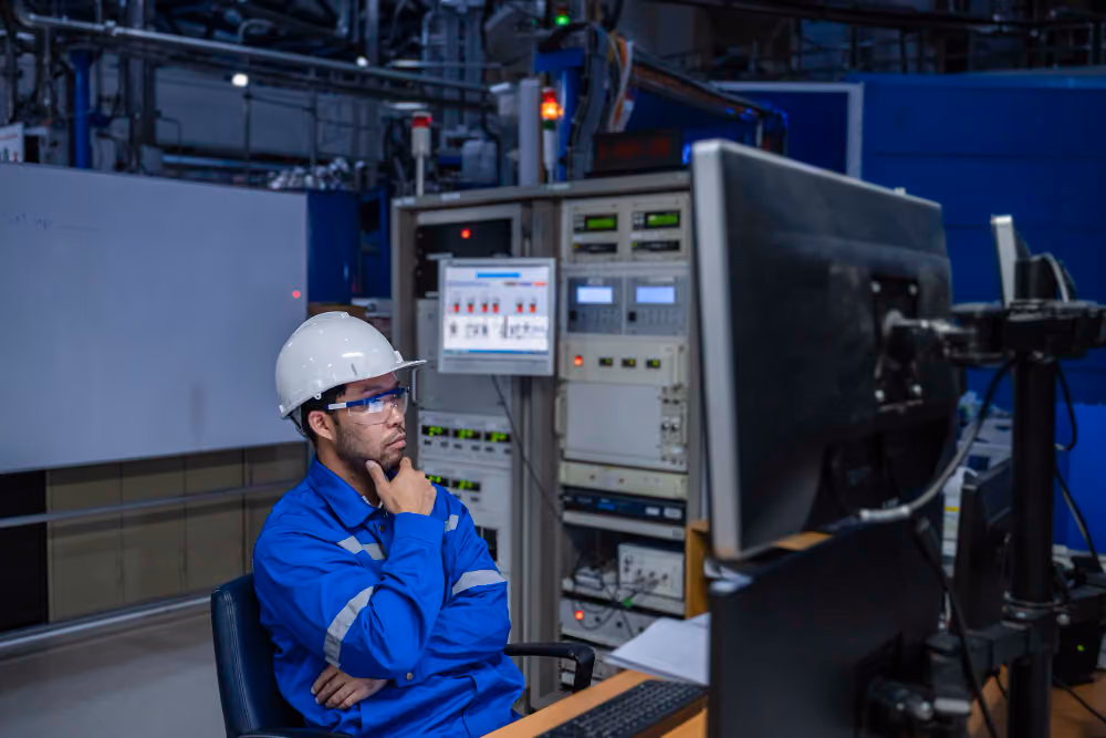 A technician working at a machine in a workshop
