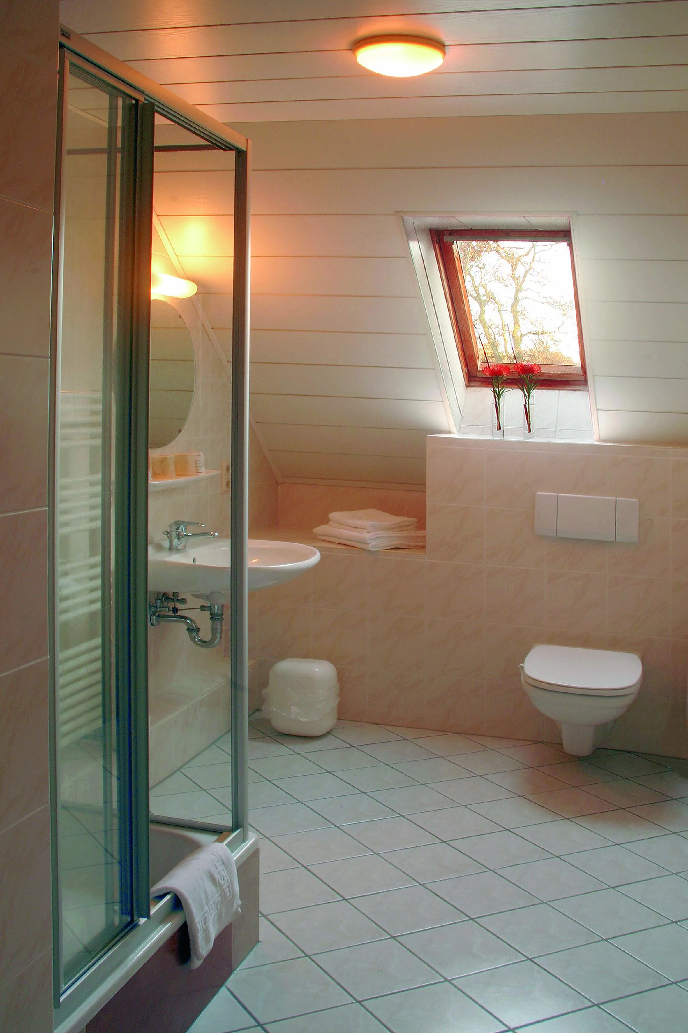 Badezimmer unter der Dachschräge mit Dusche, Waschbecken und WC