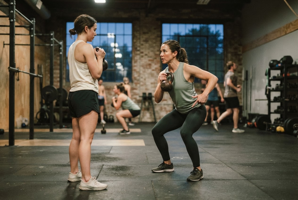 Coach demonstrating goblet squat form to a member