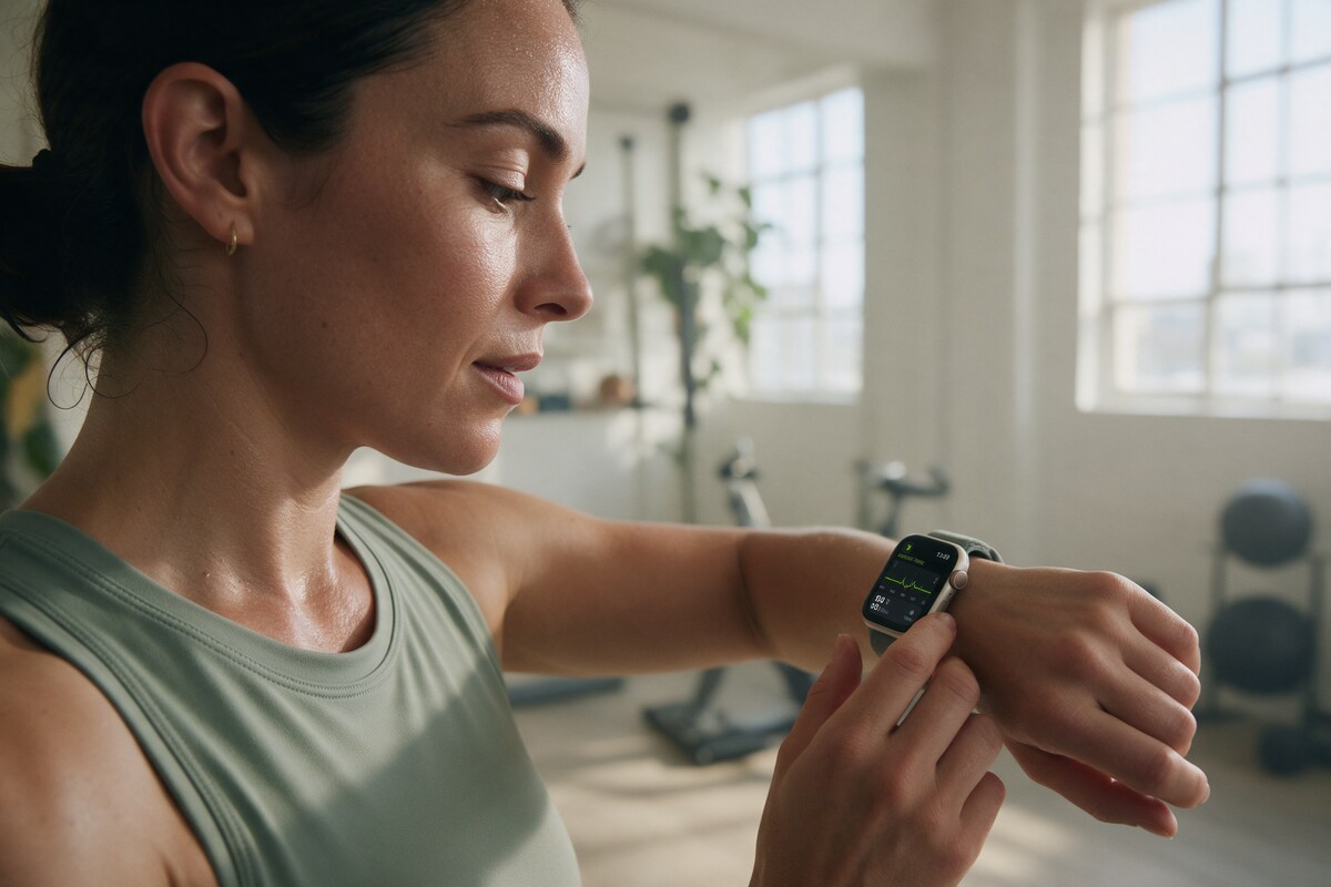 Athlete checking her heart-rate variability on a smartwatch in a sunlit gym