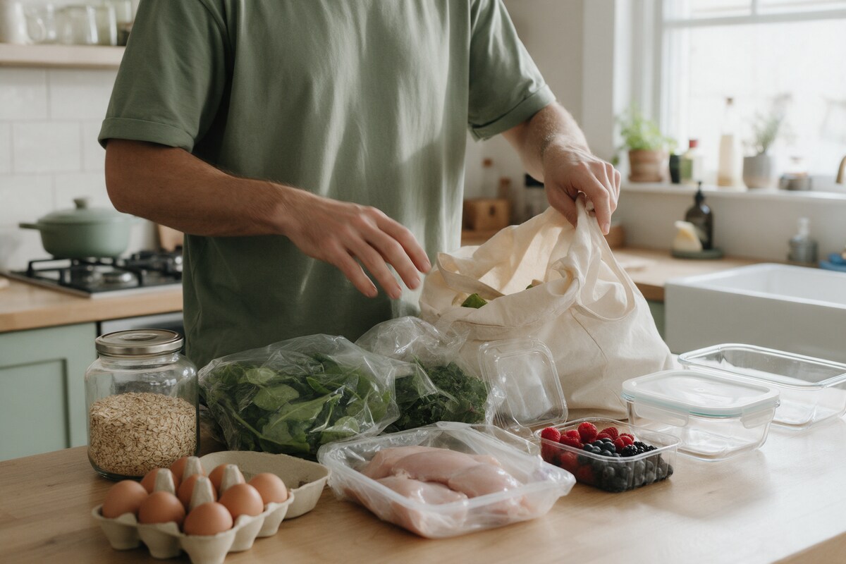 Man unpacking a weekly grocery haul onto a kitchen counter