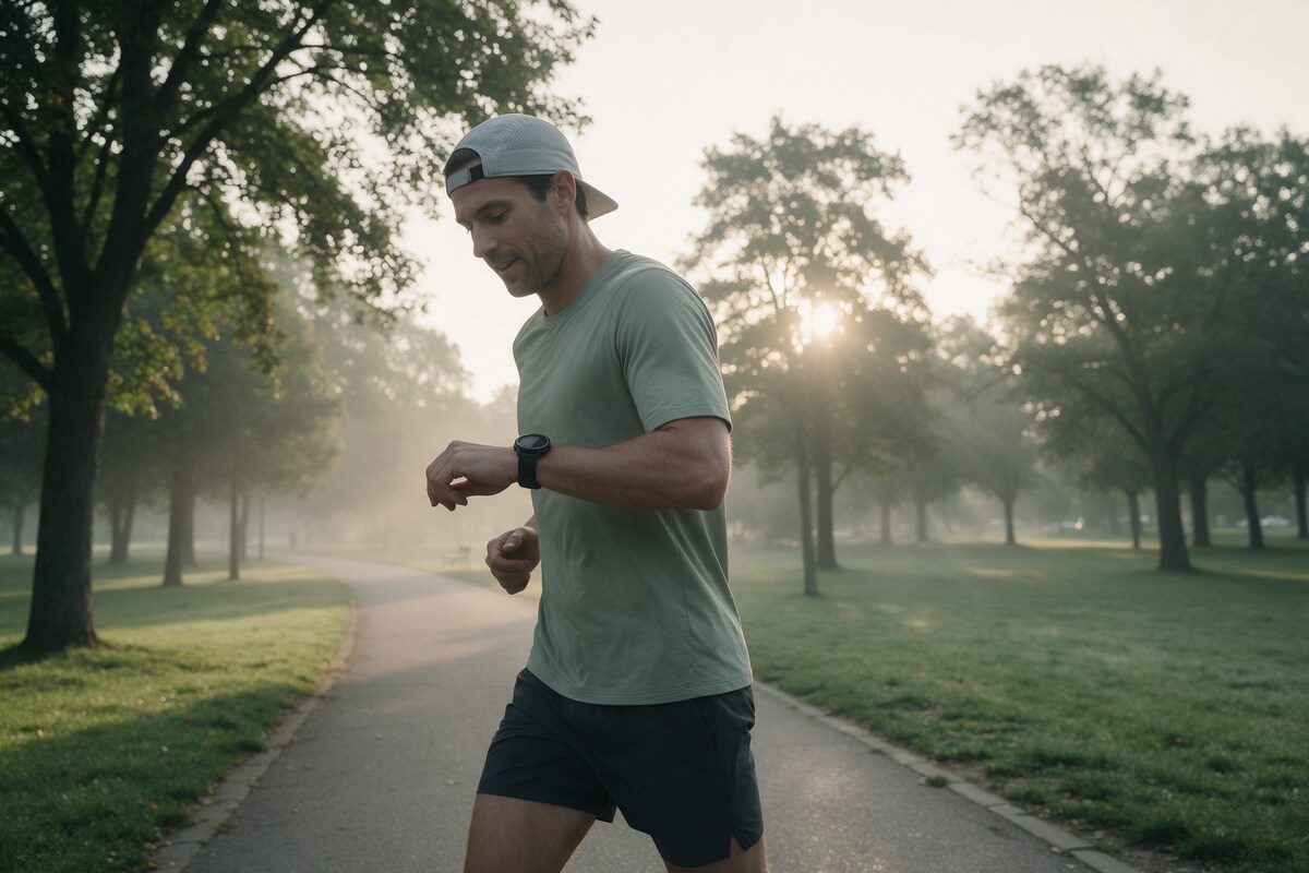 Runner checking his watch on an easy morning park run