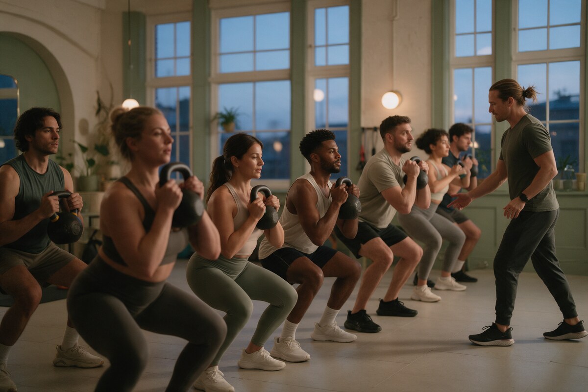 Early-morning group class doing kettlebell goblet squats