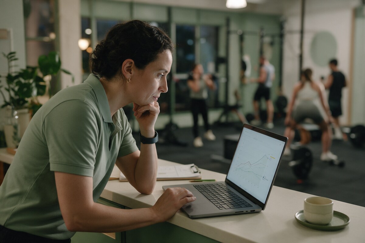 Gym manager reviewing attendance trends at the front desk