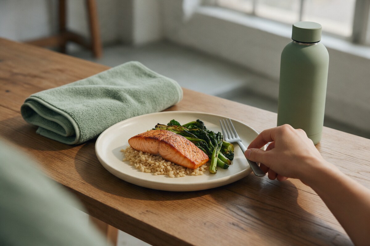 Salmon, rice and greens beside a water bottle after training