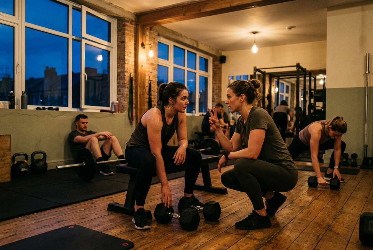 Coach checking in with a member between sets during an early morning group strength class