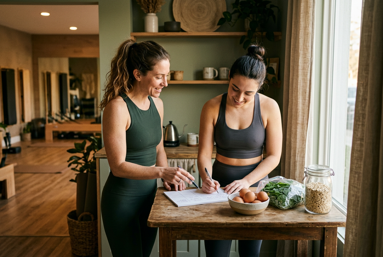 Coach and member writing if-then plans for the hardest meals of the week at a kitchen counter