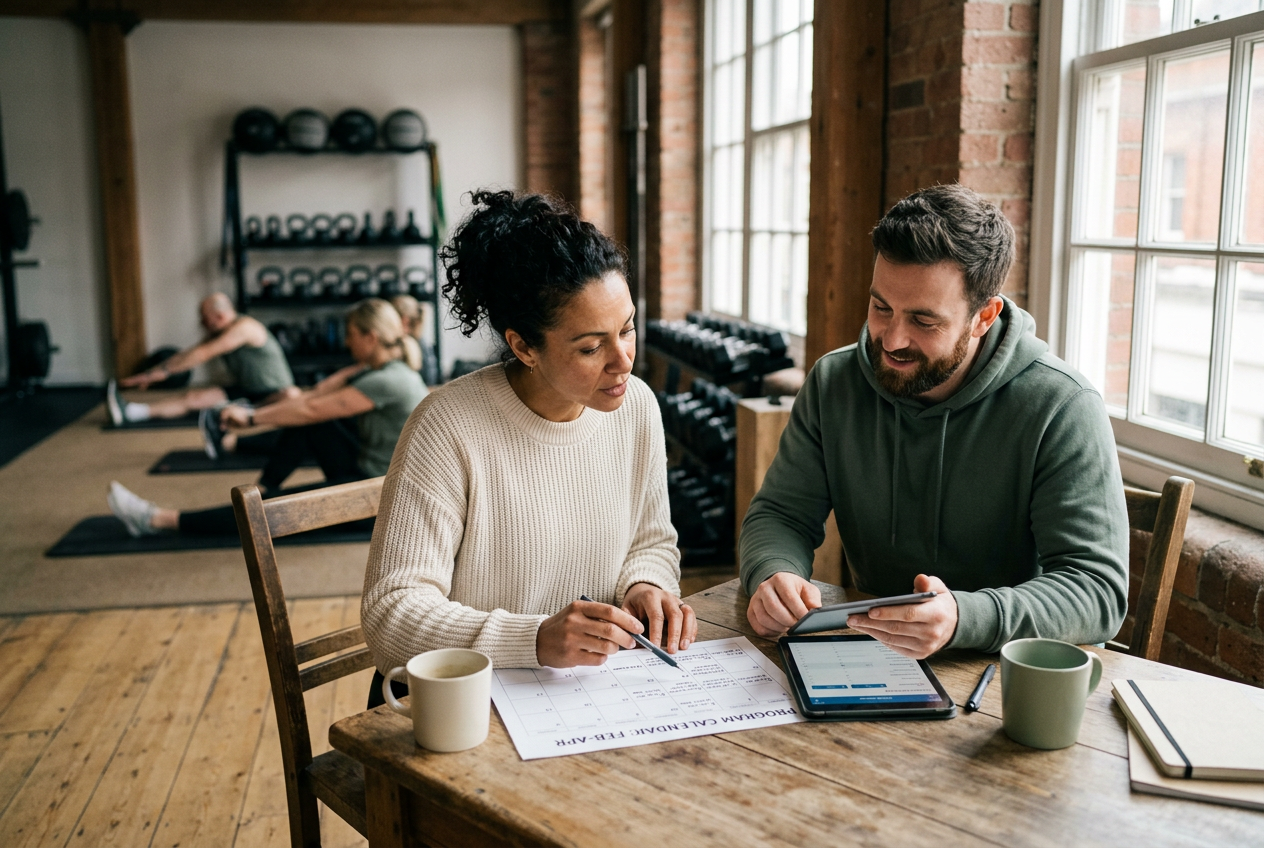 Studio owner and coach reviewing a 12-week program calendar at a table in the studio