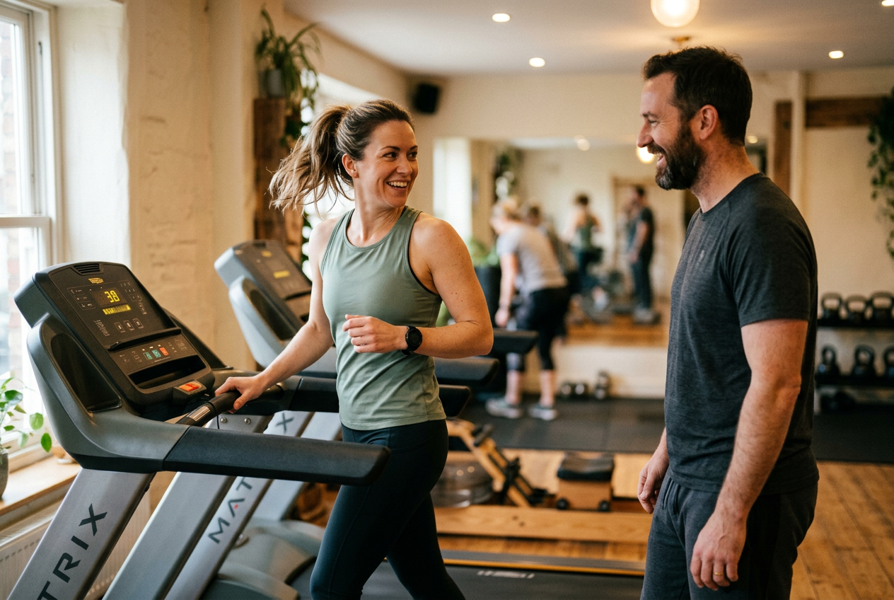 Member talking with her coach while walking on an inclined treadmill, sport watch on her wrist