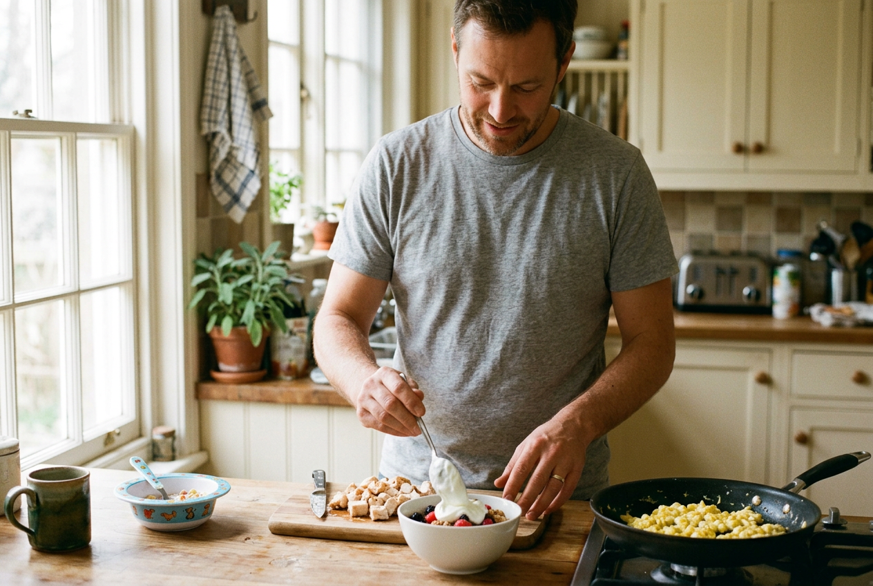 Man preparing a high-protein breakfast of Greek yogurt and eggs in a home kitchen