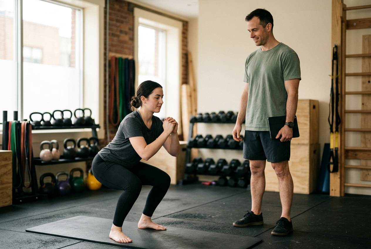 Coach watching a new member’s first bodyweight squat in a boutique studio