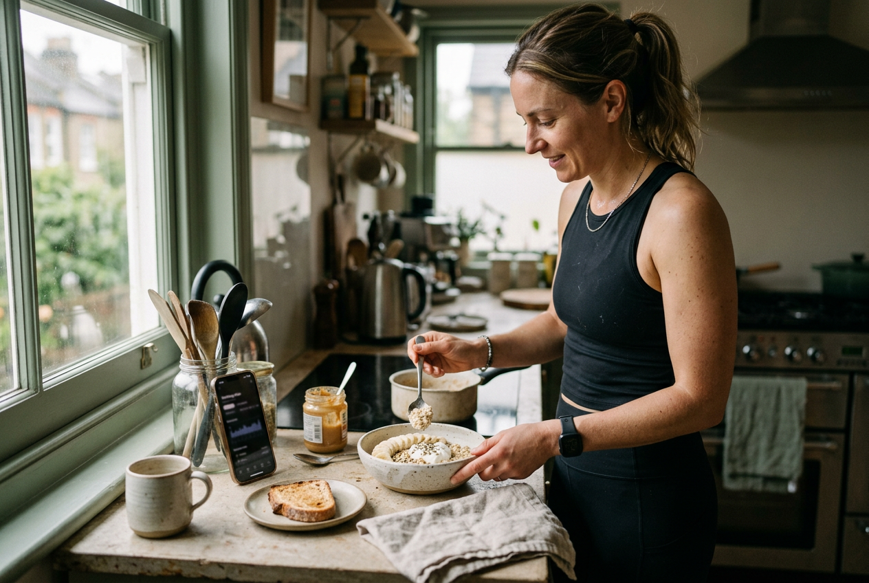 Member preparing a simple post-training breakfast of oats, banana, yogurt and toast in a sunlit kitchen