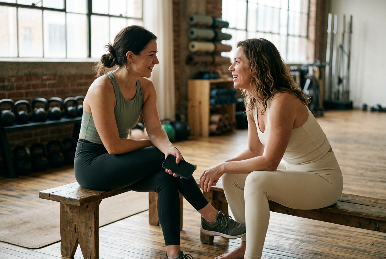 Coach talking one-on-one with a member on a bench after a morning class in a boutique studio